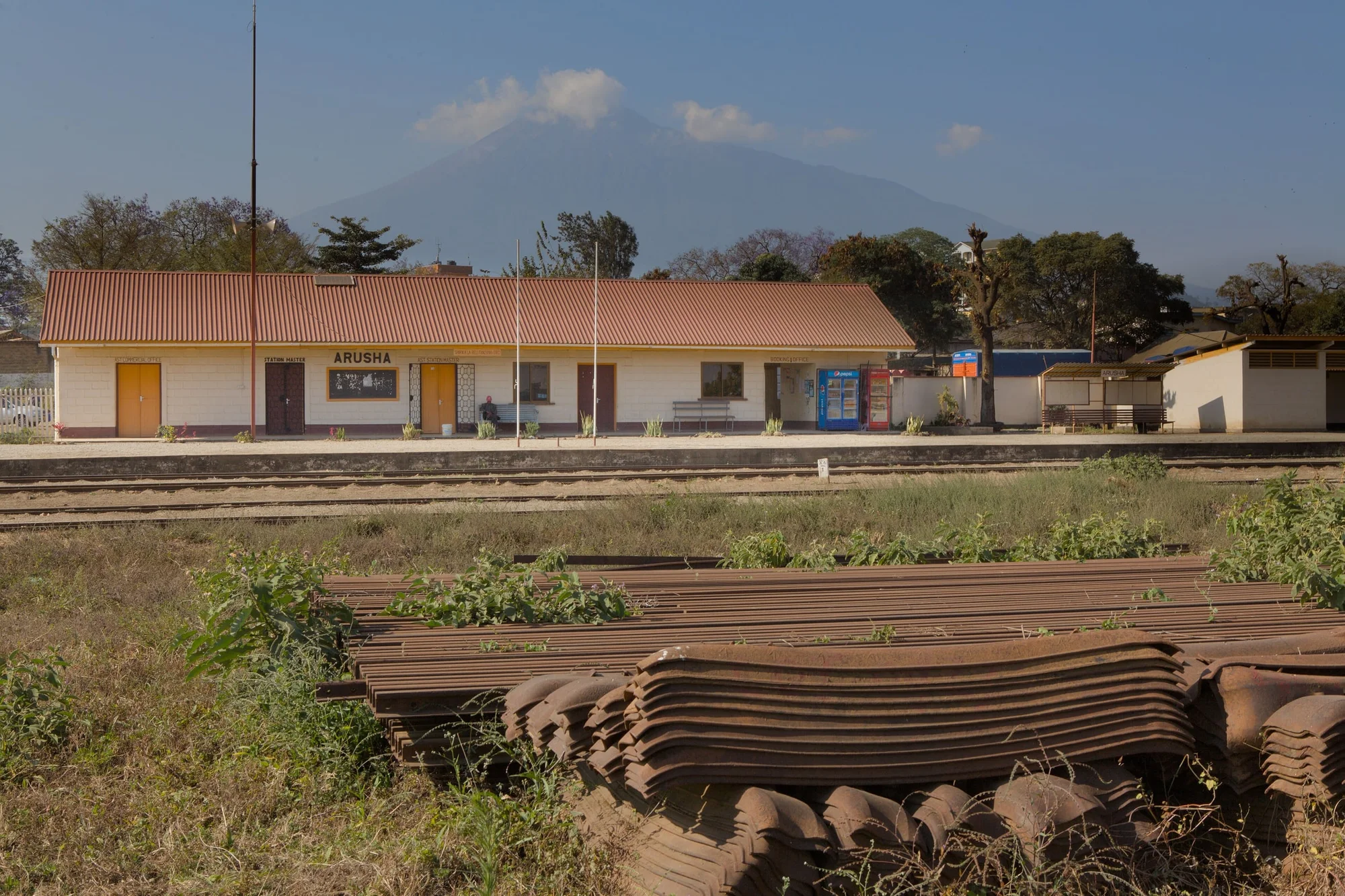 Railway station building in Arusha Tanzania facing straight northwards with Mount Meru in background