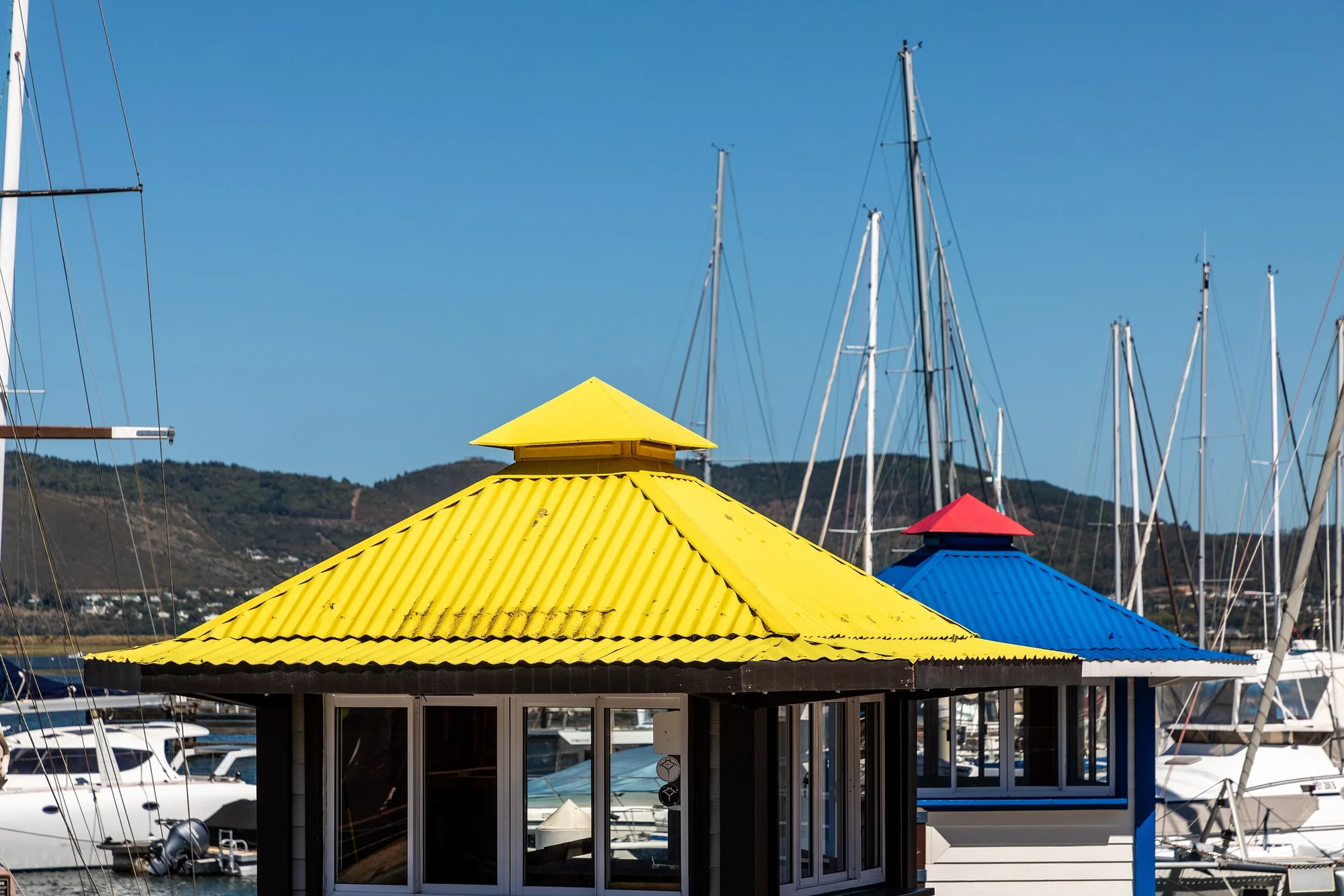 Colored roofs of huts at the marina, Knysna , Western Cape , South Africa