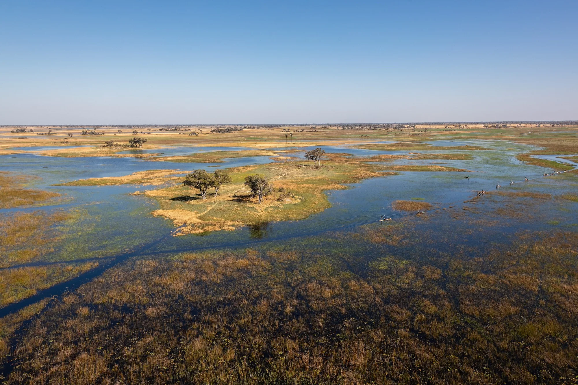 Aerial view of Okavango Delta, Botswana, with a dozen mokoros