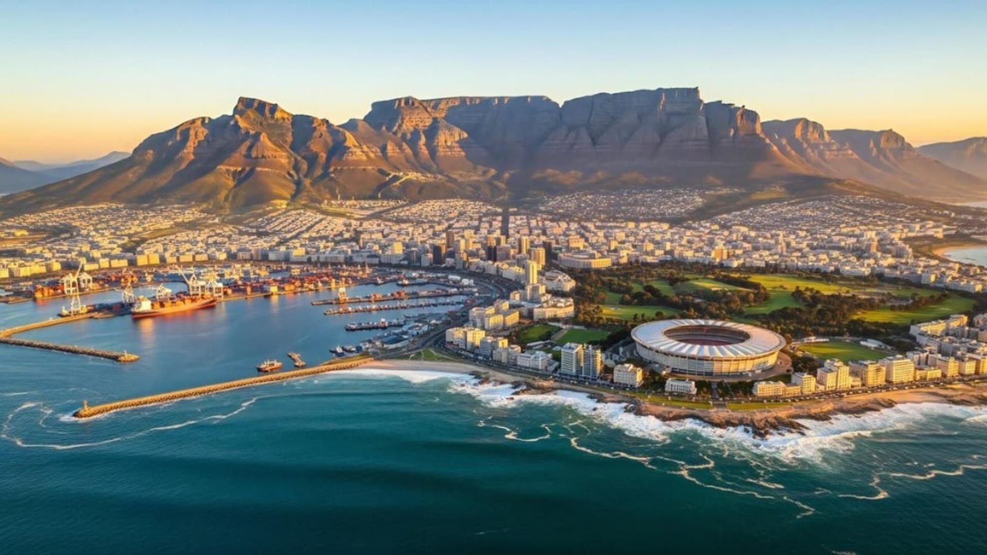 Cape Town, Table Mountain, and the harbour from the air