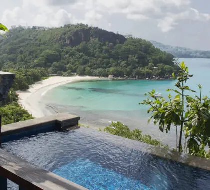 A pool beside the beach in the Seychelles