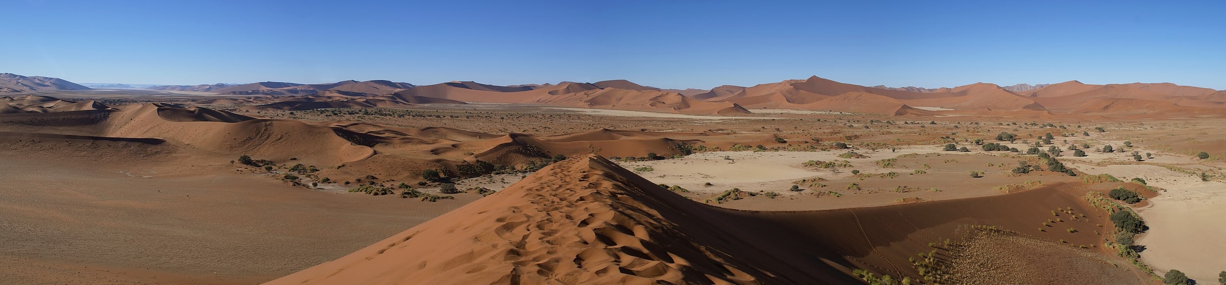 Panorama looking South at Sossusvlei, Namib desert, Namibia.