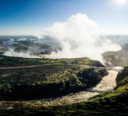 The Victoria Falls bridge in the spray