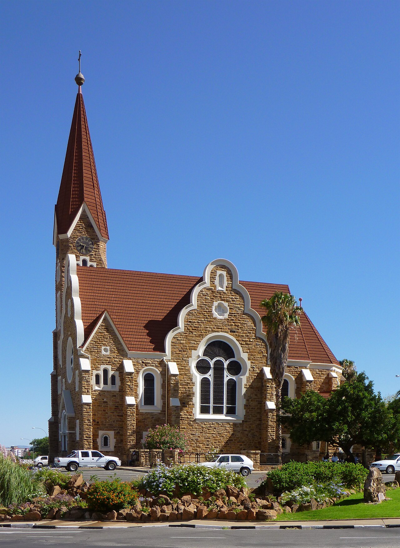 Christuskirche, Windhoek , a noted landmark in Windhoek . This Lutheran church that looks over the city centre was dedicated in 1910.