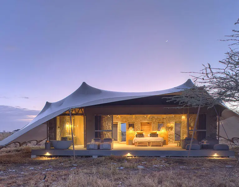 Namiri Plains Tent Exterior at Dawn