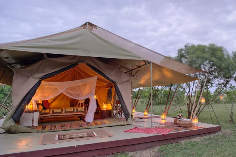 Saruni Wild double tent exterior at twilight