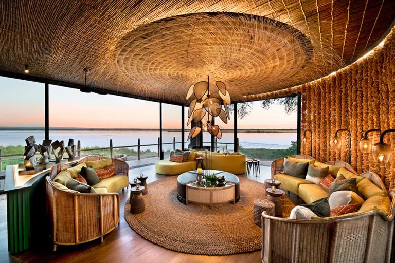 The lounge at Lolebezi, looking onto the Zambezi