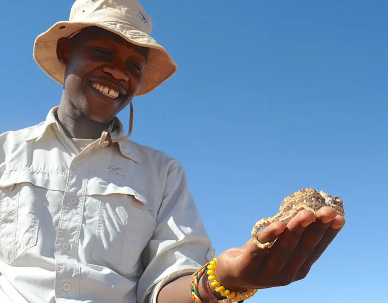 WOLWEDANS COLLECTION Wildlife Guide holding a chameleon