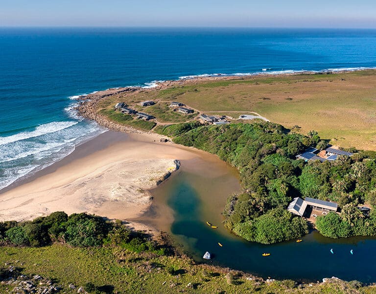 GweGwe Beach Lodge Wild Coast new images 2025 Aerial Main lodge Riverside