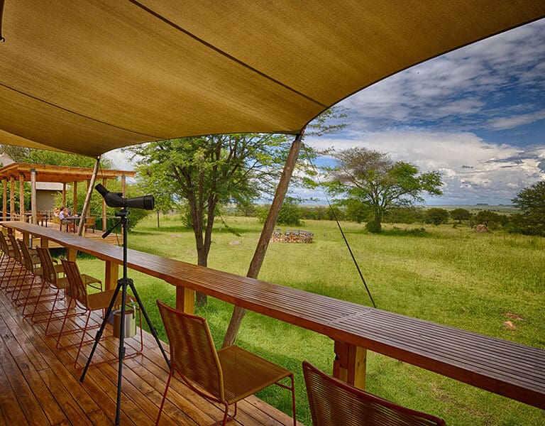 Sayari deck with viewing area and scope to search for wildlife in the wilderness beyond