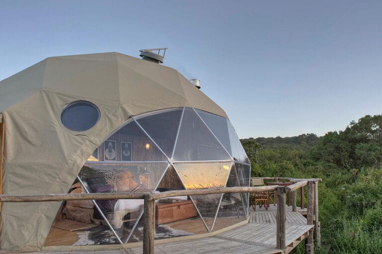 The Highlands exterior of done tent showing off the deck and views into the forest