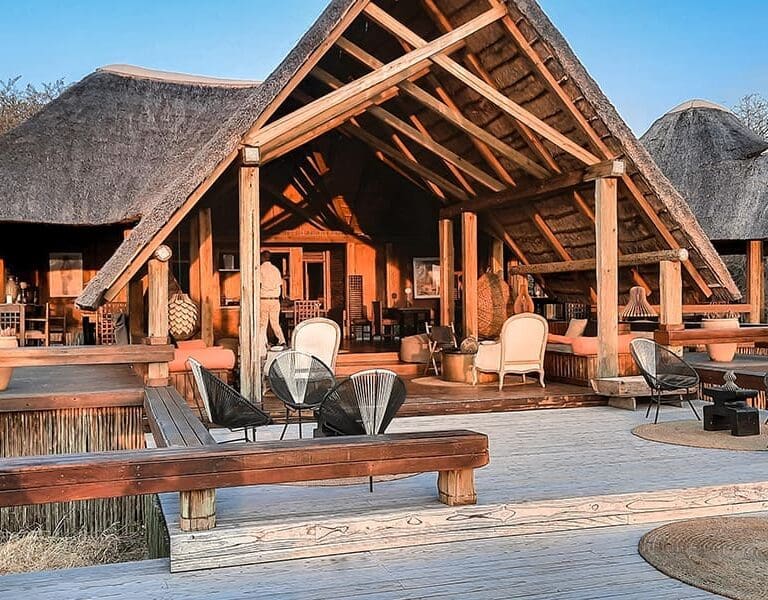 The open thatched main area at Feline Fields Lodge