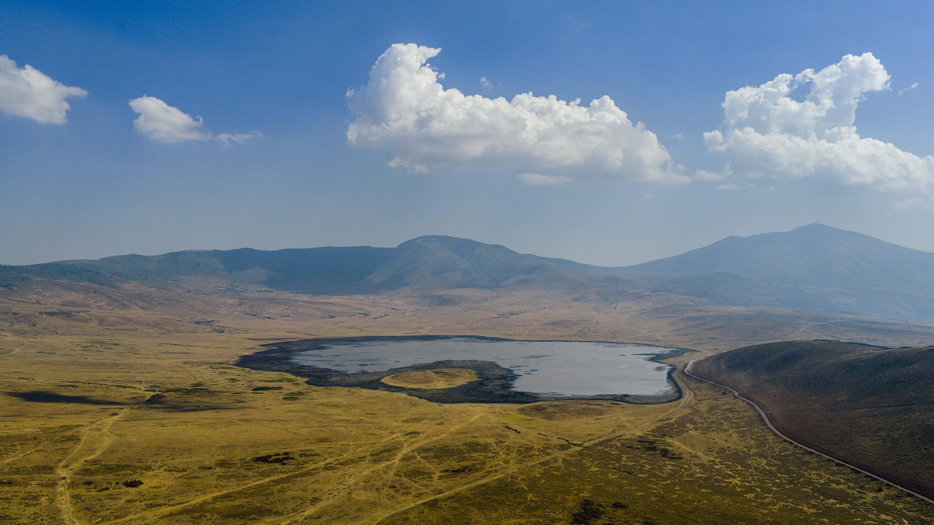 The Ngorongoro Crater and its lake, from the air